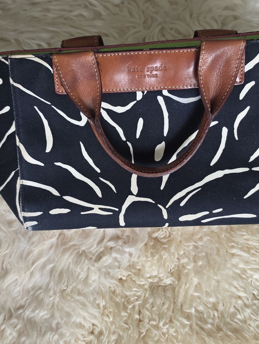 kate spade Navy Floral-Print Tote with Brown Leather Trim